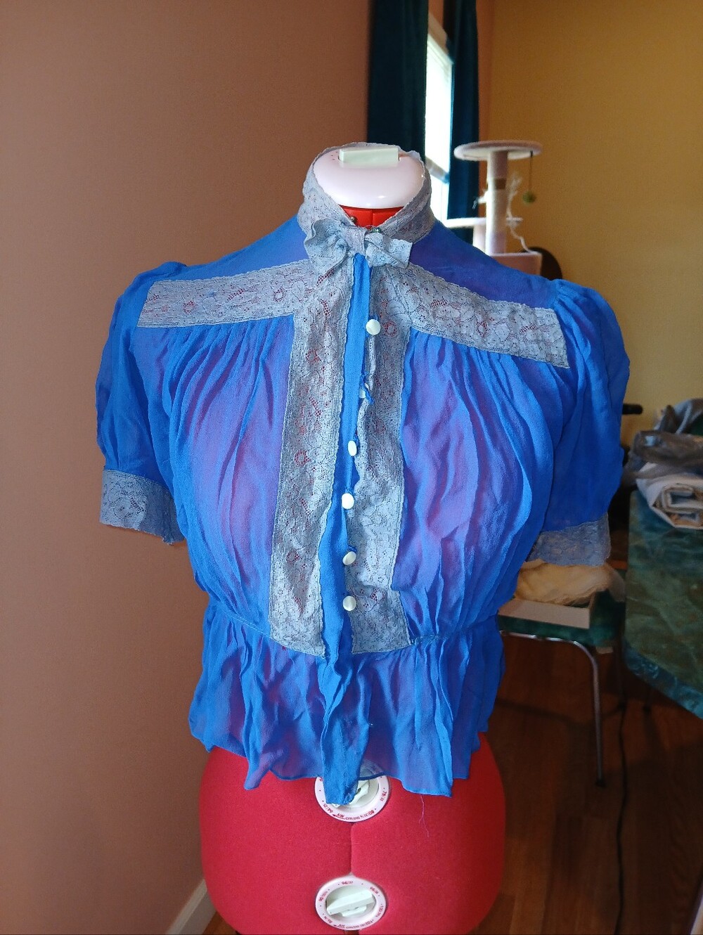 Antique Royal Blue Silk Blouse Roaring 20s
